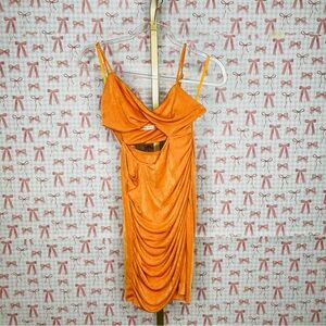 Saints + Secrets Vibrant Orange Draped Knot Ruched Mini Dress Medium